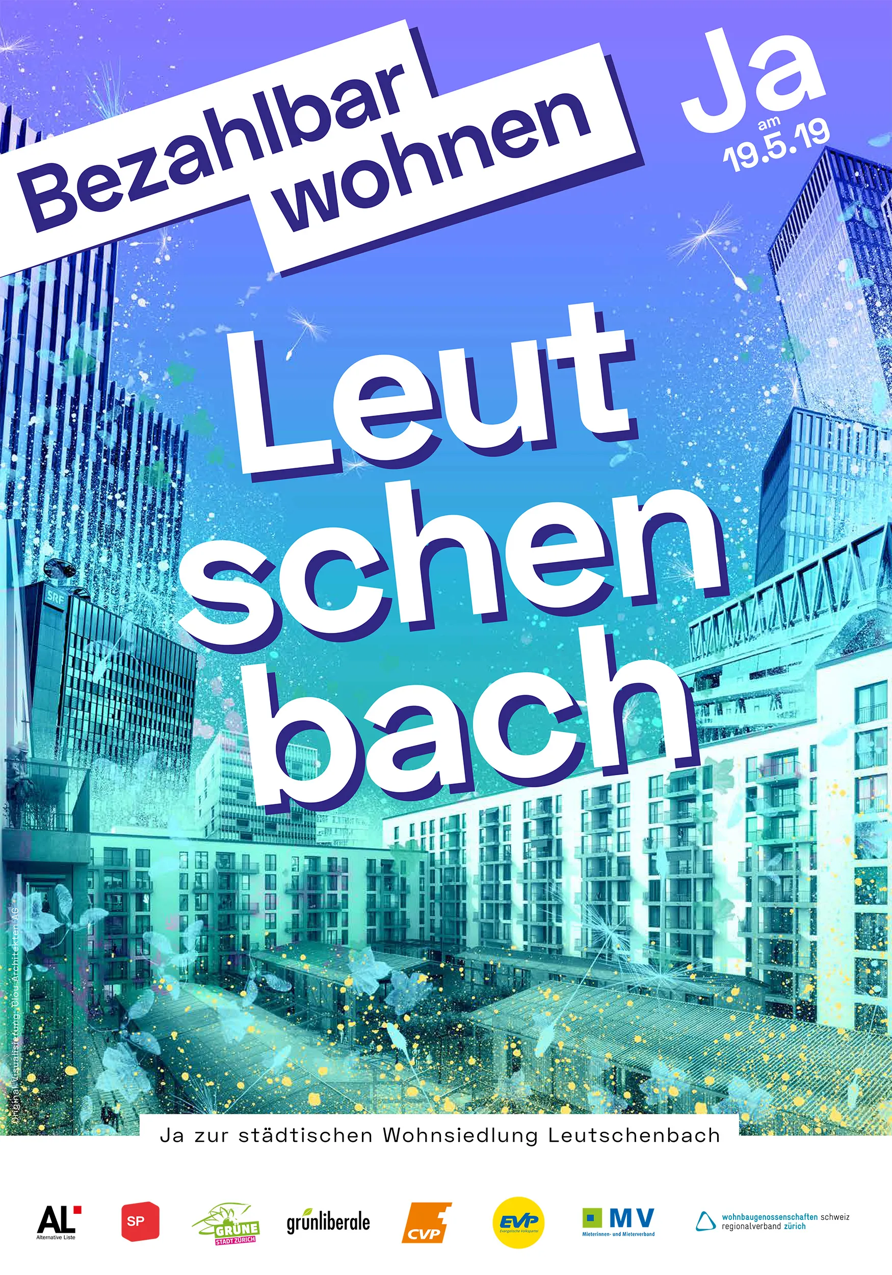 Leutschenbach Plakat. Häusercollage in bunten Farben.